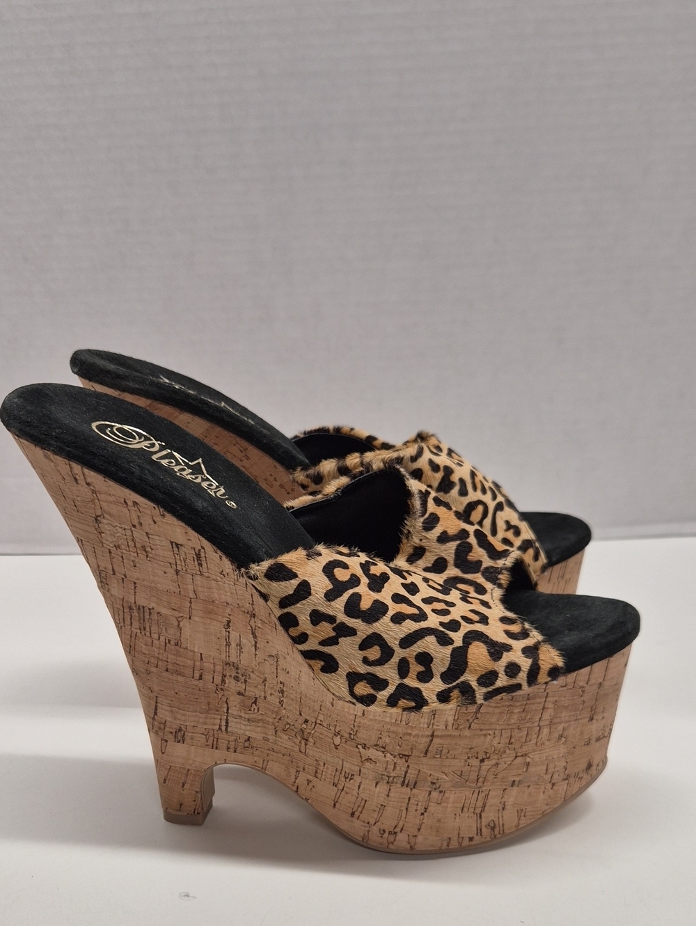 Pleaser Beau High Heels Cork Platform Wedge Open Toe Shoes Leopard Print Size 9